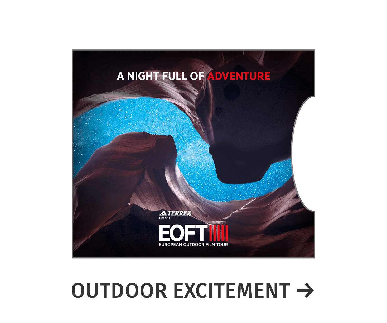 European Outdoor Film Tour Ticketverpackung mit Bergen vor einem Nachthimmel